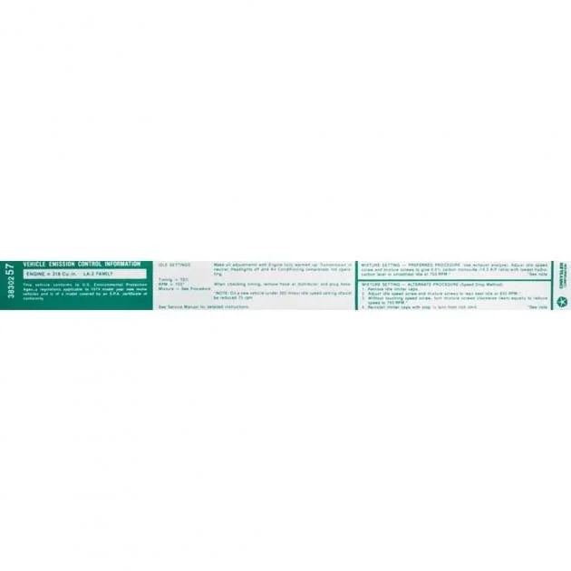 1974 Mopar 318 with Auto or Manual Trans and Federal Smog Emission Decal – OE# 3830257