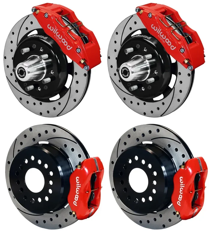 55-57 CHEVY FULL DISC BRAKE KIT,12″ DRILLED ROTORS,6/4 PISTON RED CALIPERS