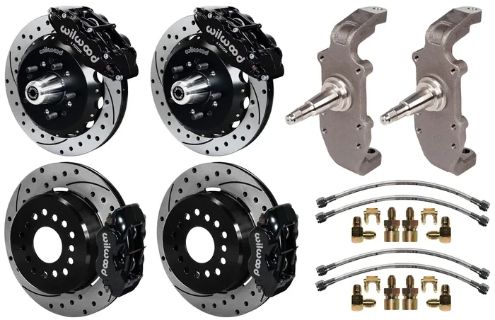 55-57 CHEVY FULL DISC BRAKE KIT,2″ DROP SPINDLES,13″/12″ DRILLED,BLACK