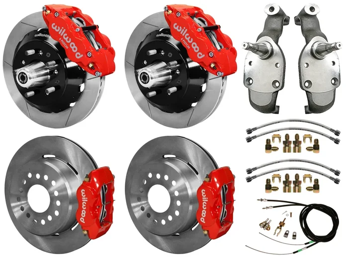 59-64 IMPALA,FULL DISC BRAKE KIT,2″ DROP SPINDLES,14″/12″ ROTORS,RED
