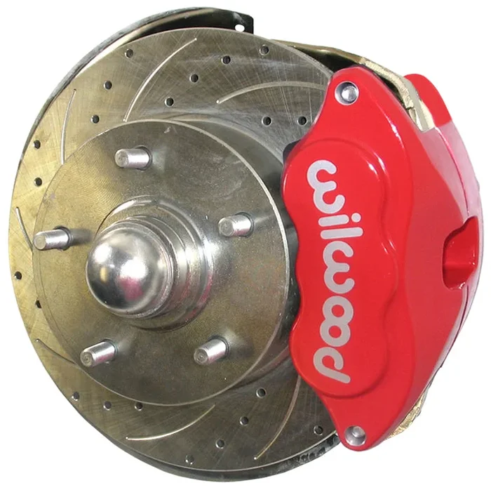 62-67 X-BODY DISC BRAKE & STOCK HEIGHT SPINDLE KIT,11″ DRILLED ROTOR,RED WILWOOD