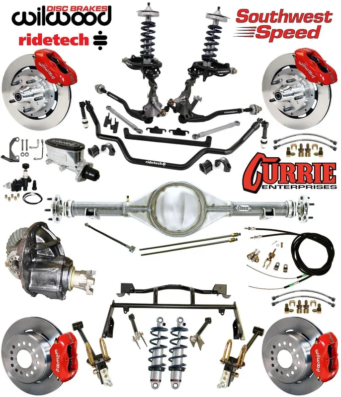COILOVER & 4-LINK SYSTEM,CURRIE REAR END,WILWOOD 12″ BRAKES,RED,64-66 MUSTANG