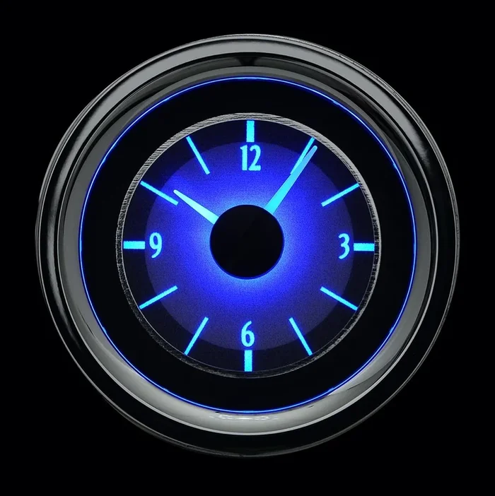 Dakota Digital 1955-56 Chevy Car Analog Clock, Silver Alloy Style Face, Blue Display