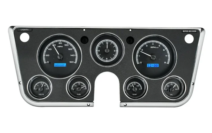 Dakota Digital 1967-72 Chevy Truck VHX System, Analog Clock, Black Alloy Style Face, Blue Display