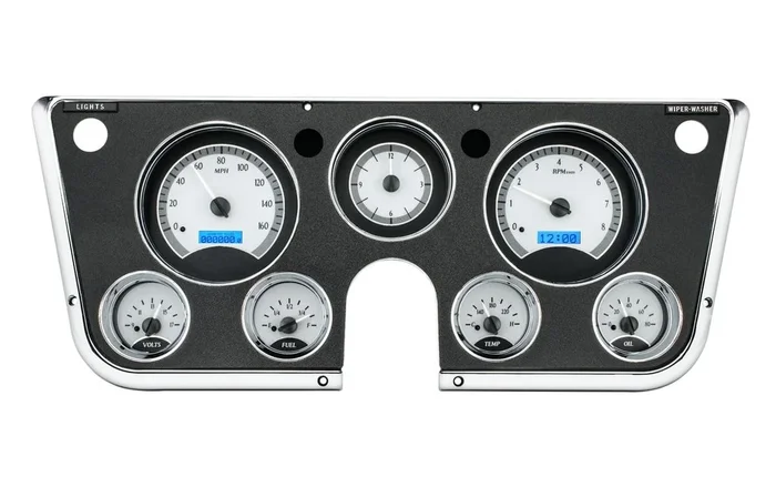 Dakota Digital 1967-72 Chevy Truck VHX System, Analog Clock, Silver Alloy Style Face, Blue Display