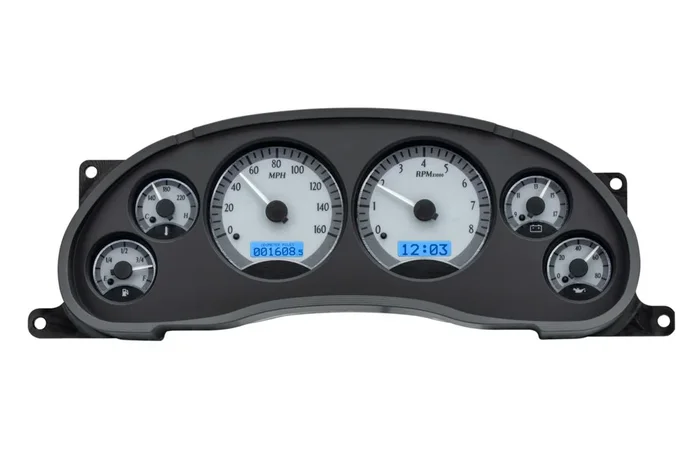 Dakota Digital 1994-2004 Ford Mustang VHX System, Silver Alloy Style Face, Blue Display