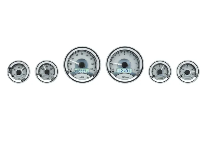 Dakota Digital 6-Piece Round Universal VHX System, Silver Alloy Style Face, White Display