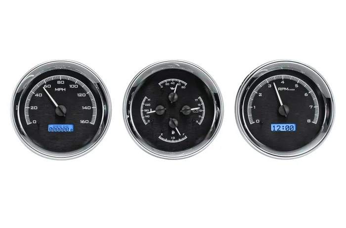 Dakota Digital Triple Round Universal VHX System, Black Alloy Style Face, Blue Display