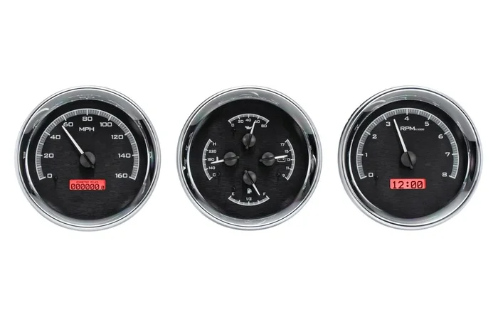 Dakota Digital Triple Round Universal VHX System, Black Alloy Style Face, Red Display