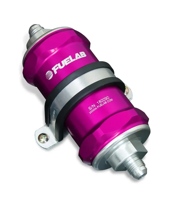 Fuelab 848 In-Line Fuel Filter Standard -6AN In/Out 40 Micron Stainless w/Check Valve – Purple