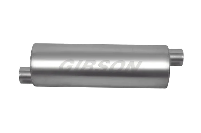 Gibson SFT Superflow Offset/Offset Round Muffler – 6x19in/2.25in Inlet/2.25in Outlet – Stainless