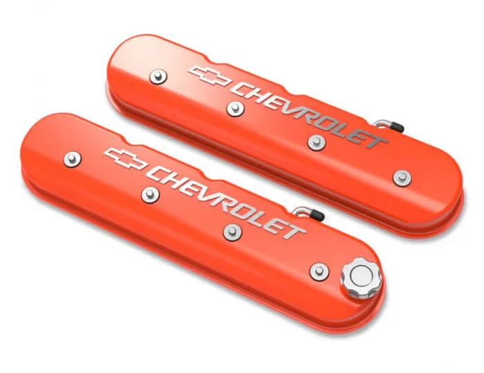 Holley Tall LS Valve Cover with Bowtie/Chevrolet Logo – Factory Orange Machined Finish