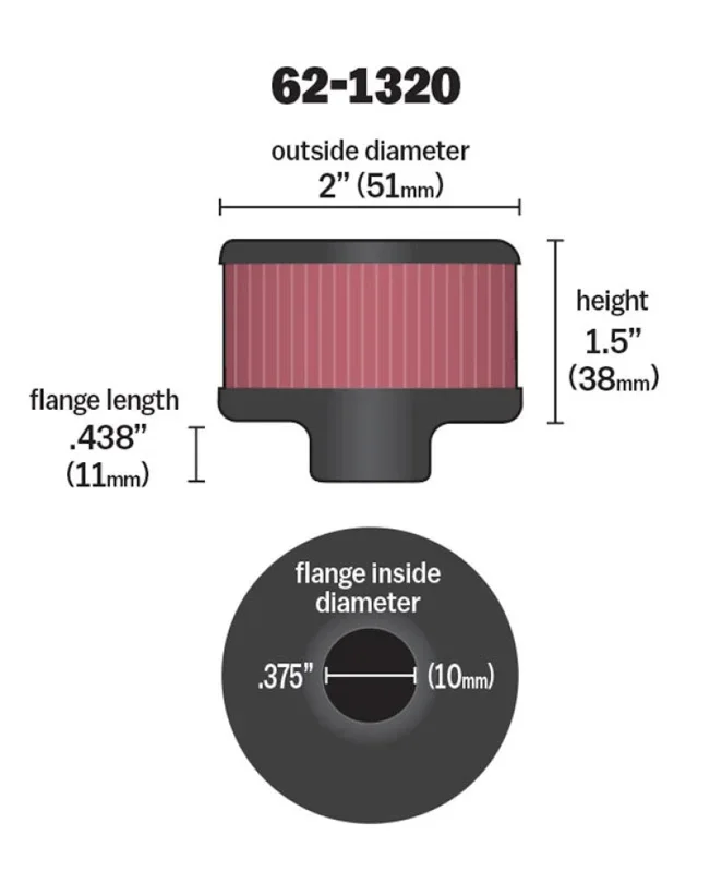 K&N Clamp On Rubber Base Crankcase Vent Filter 0.375in Flange ID x 2in OD x 1.5in Height0.17 lb