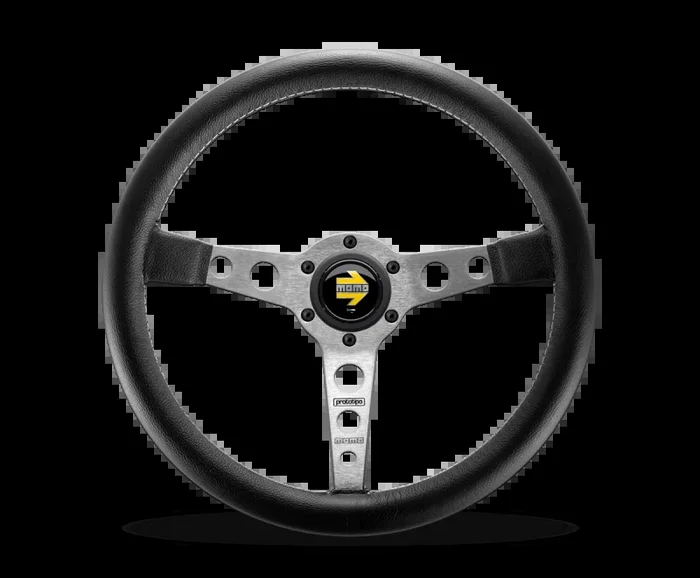 Momo Prototipo Steering Wheel 350 mm – Black Leather/Wht Stitch/Brshd Spokes2.3 lb