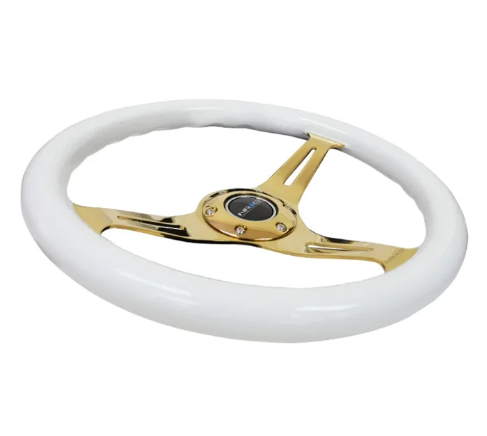 NRG Classic Wood Grain Steering Wheel (350mm) White Grip w/Chrome Gold 3-Spoke Center3.8 lb