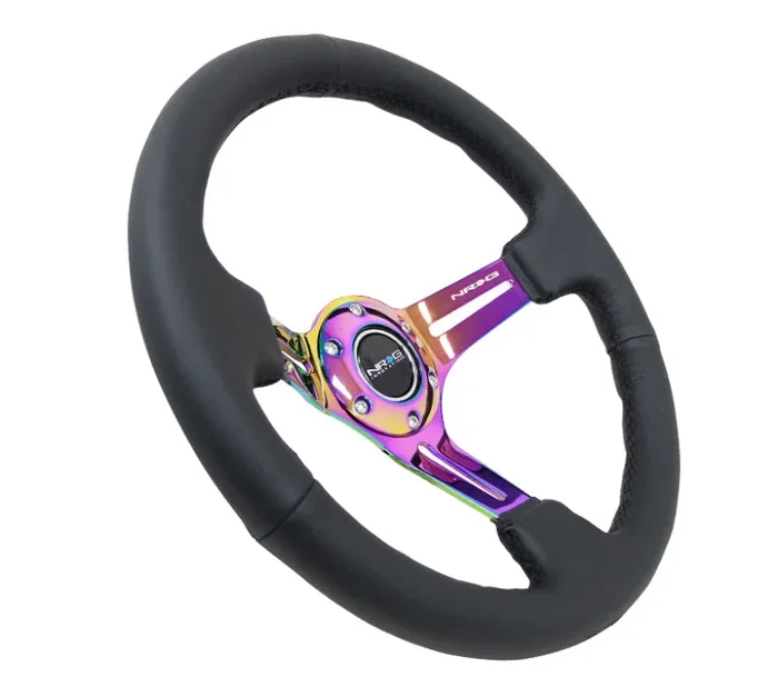 NRG Reinforced Steering Wheel (350mm / 3in. Deep) Blk Leather/Blk Stitch w/Neochrome Slits4.7 lb