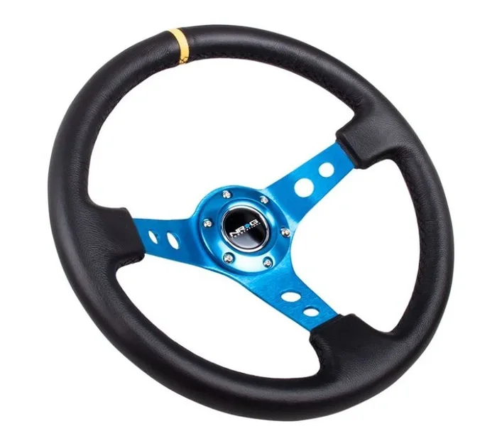 NRG Reinforced Steering Wheel (350mm / 3in. Deep) Blk Leather w/Blue Cutout Spoke & Single Yellow CM4.0 lb