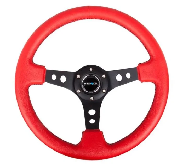 NRG Reinforced Steering Wheel (350mm / 3in. Deep) Red Leather/Blk Stitch w/Blk Spokes (Hole Cutouts)4.1 lb