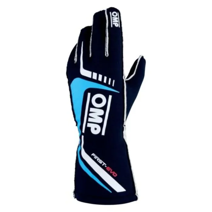 OMP First Evo Gloves Blu Navy/Ciano – Size L (Fia 8856-2018)