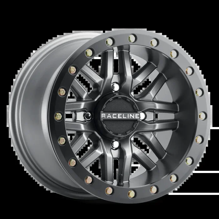 Raceline A91G Ryno 15x7in/4×137 BP/10mm Offset/110.18mm Bore – Gunmetal & Black Ring Beadlock Wheel