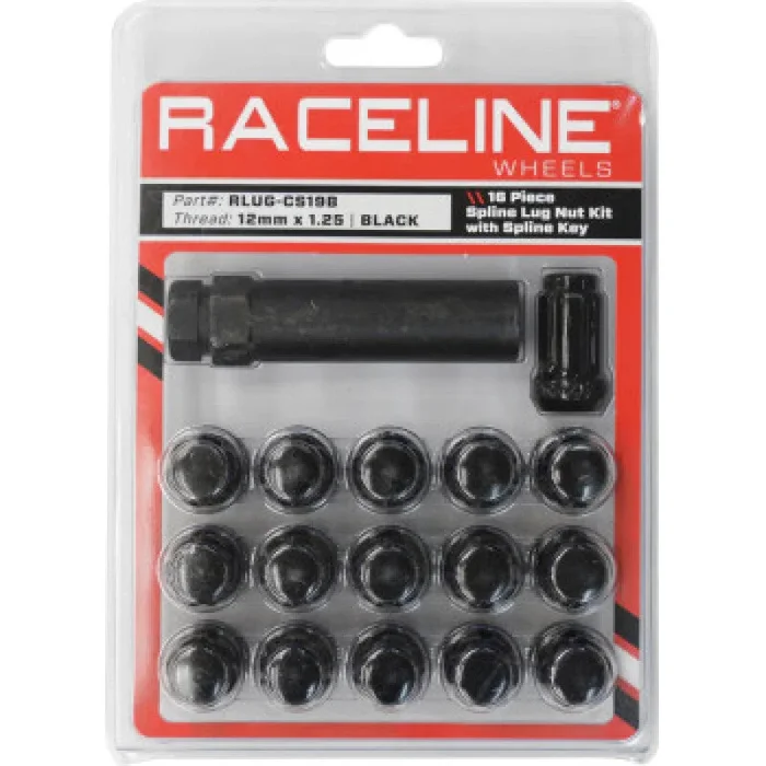 Raceline Spline Lug Nut Kit with Spline Key 12 x 1.25 – 16 Pack – Black